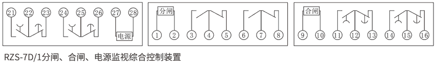 RZS-7D系列分、合閘、電源監(jiān)視繼電器內(nèi)部接線圖